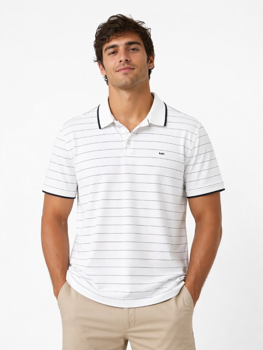 Michael Kors White Blue Striped Two Button Polo Shirt Contrast Collar Men's XL